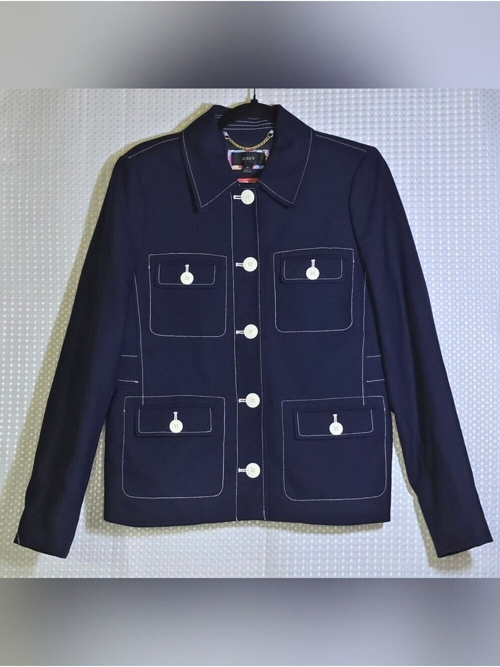 J.Crew Contrast Stitch Tailored Utility Jacket Blazer Navy Blue Medium - Picture 7 of 13